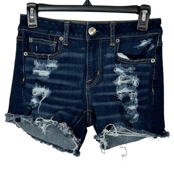 American Eagle 360 Super Stretch Hi-Rise Shortie 4X Denim Jean Shorts Distressed - Picture 2 of 11